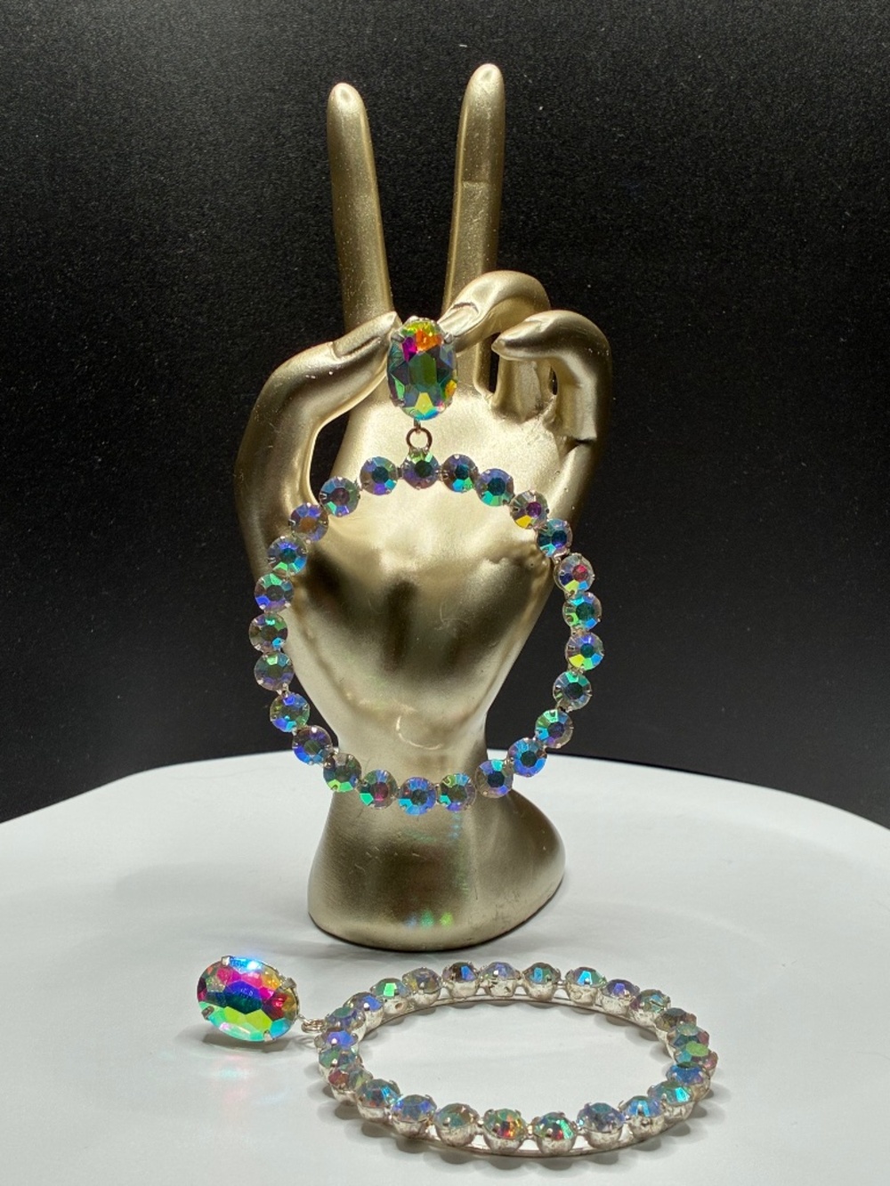 Stunning Rhinestone iridescent oversized silver-tone round drop earrings